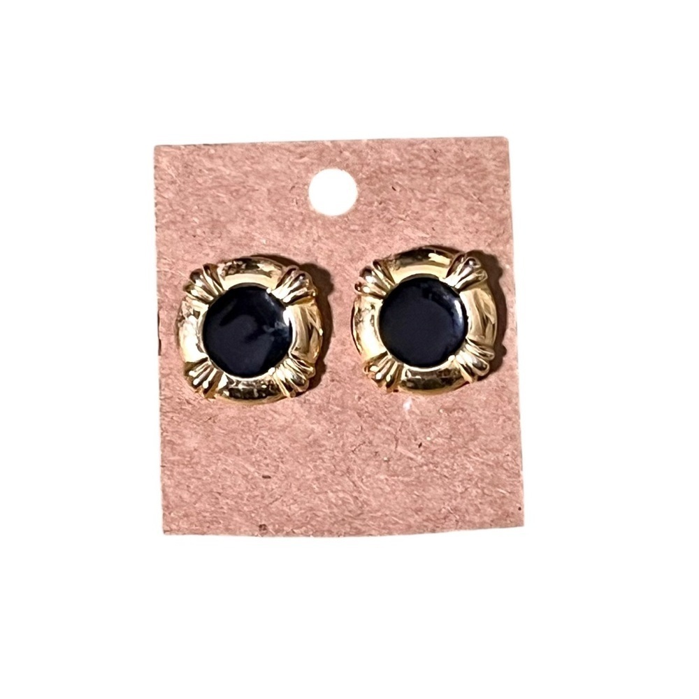 Allison Reed Vintage Black Enamel  & Gold Tone Round Pierced Earrings